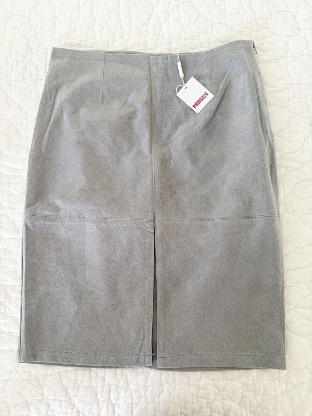 NEW ⭐️ Persun Women's light gray Suede Pencil Skirt w front slit 8